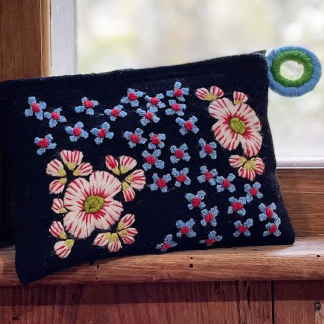 Forest Wander Embroidered Wool Pouch - Black