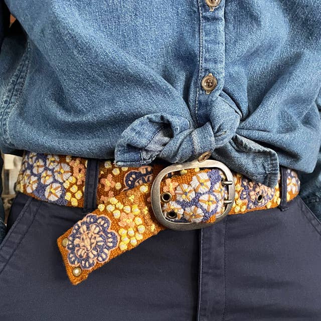 Blue Skies Floral Embroidered Wool Belt: S