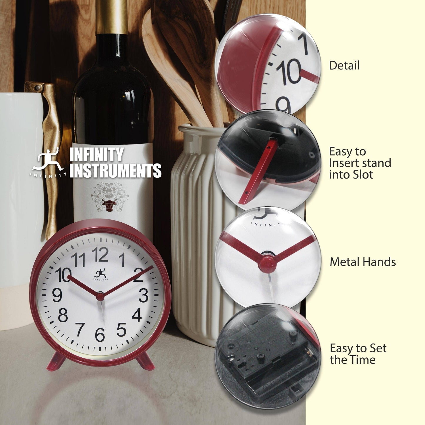 Table Clock Round Red with Alarm Function 5.75 Inch