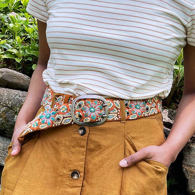Ground Cover Floral Embroidered Wool Belt: M