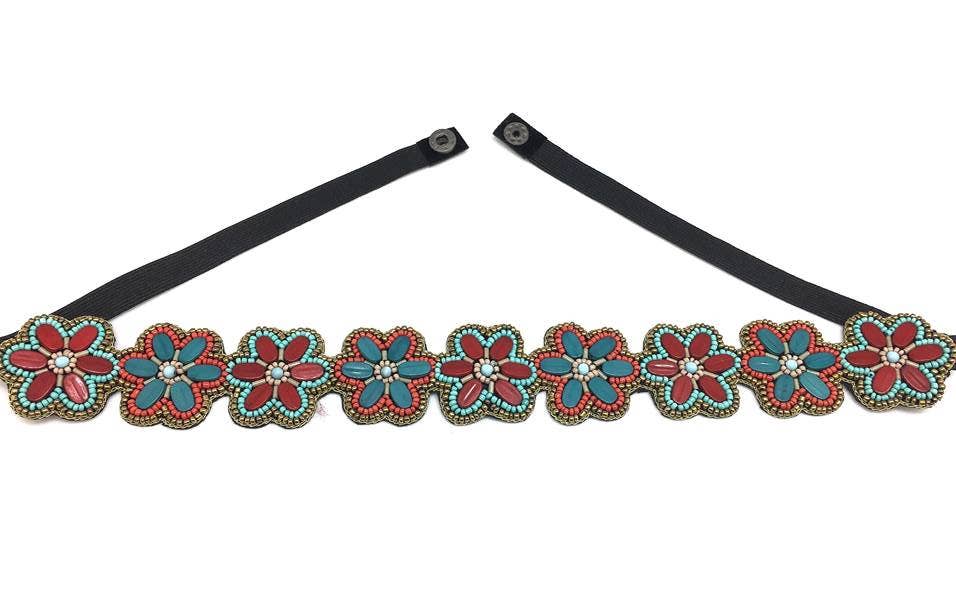 Floral Beaded Elastic Waist Belt