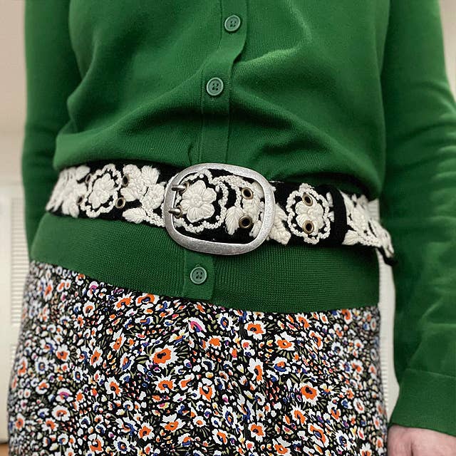 Two-Tone Embroidered Wool Belt, Black/Cream: L