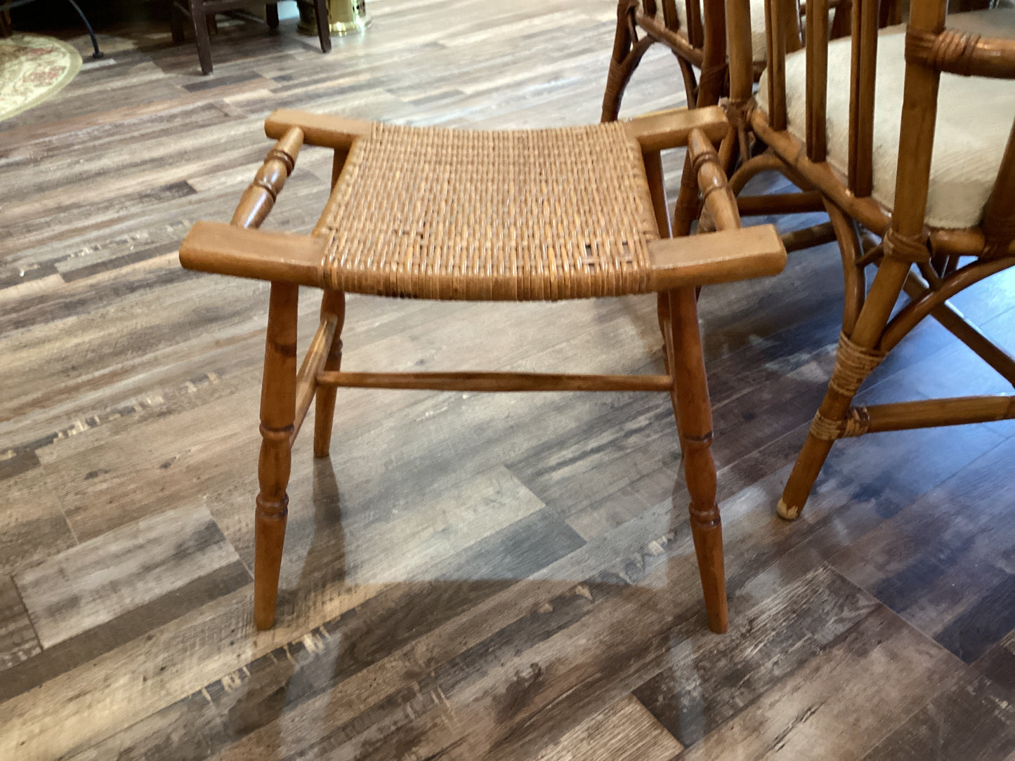 Vintage Oak & Rattan Stool Mid Century