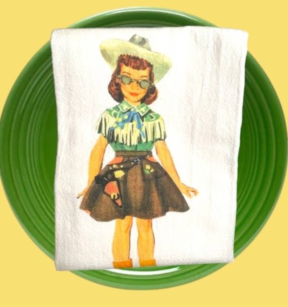 Paper Doll Cowgirl Tea Towel, western, retro