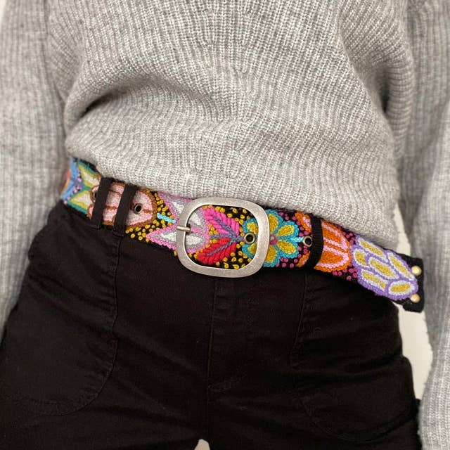 Folklorica Floral Embroidered Wool Belt, Black: Large