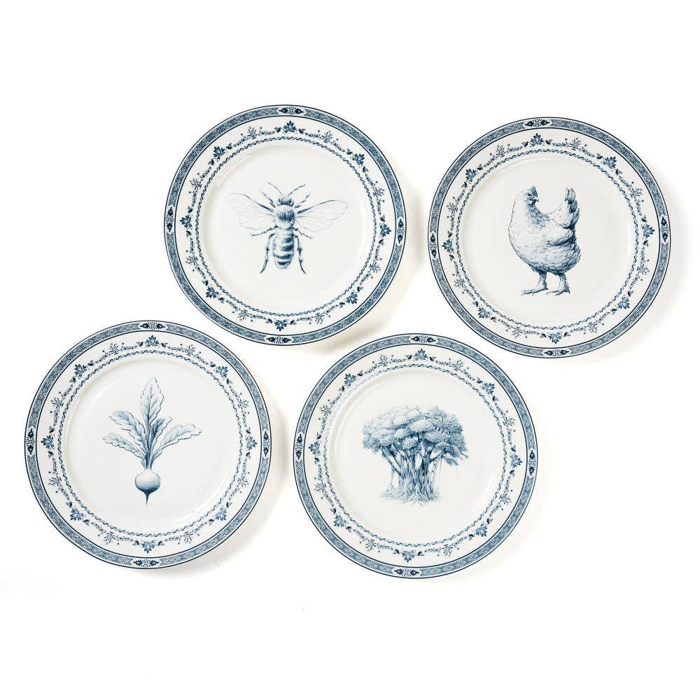 BLUE & WHITE FARM FRESH DINNER PLATES SET OF 4 WITH GIFTBOX