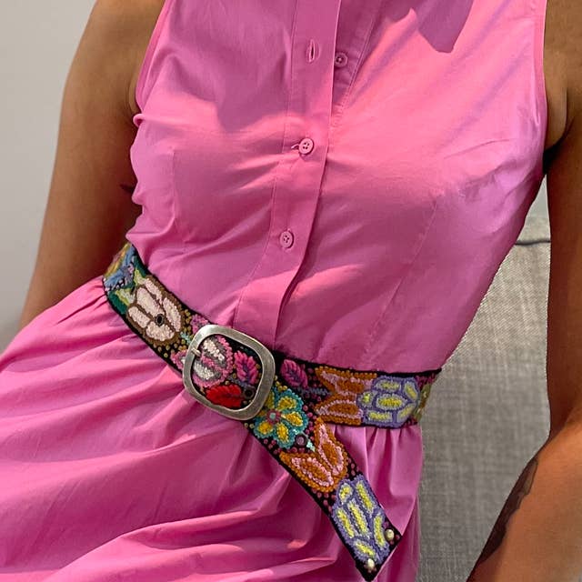 Folklorica Floral Embroidered Wool Belt, Black: L