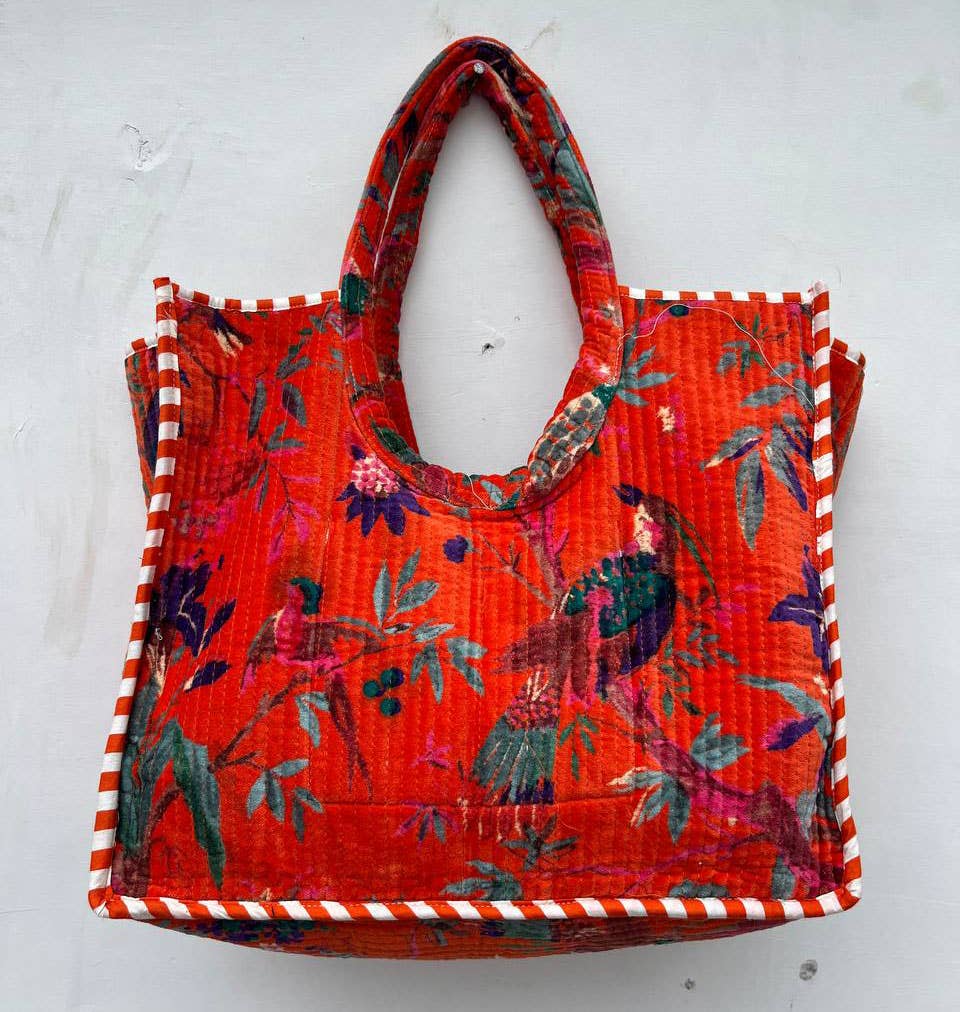 Orange Bird Printed Quilted Velvet Cotton Bag Party Wear Bag
