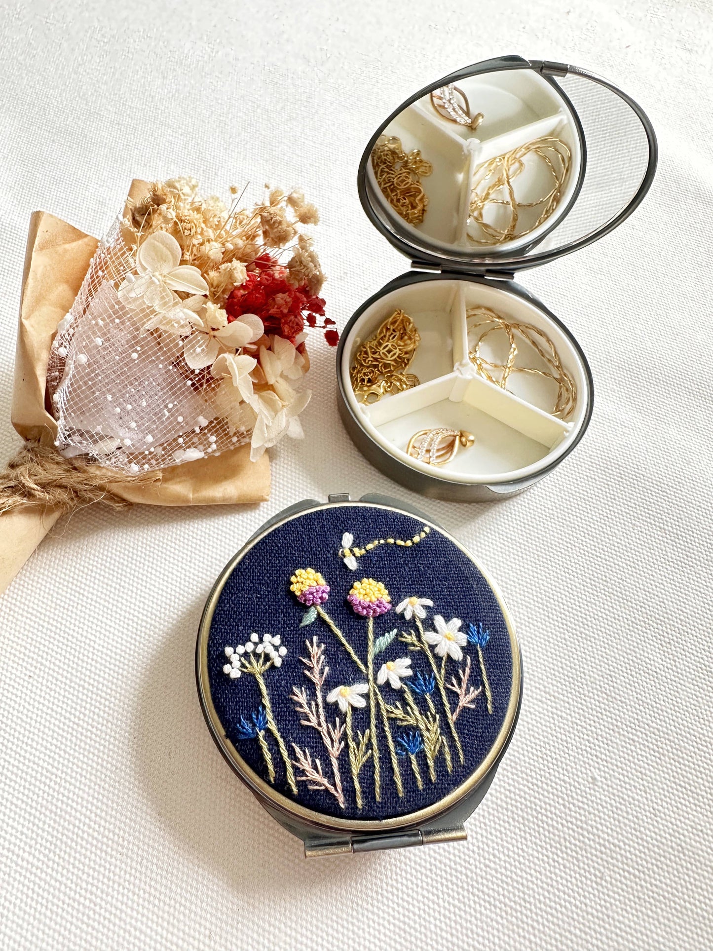 Floral Embroidered Round Jewelry Box With Mirror
Success: 4. Bird