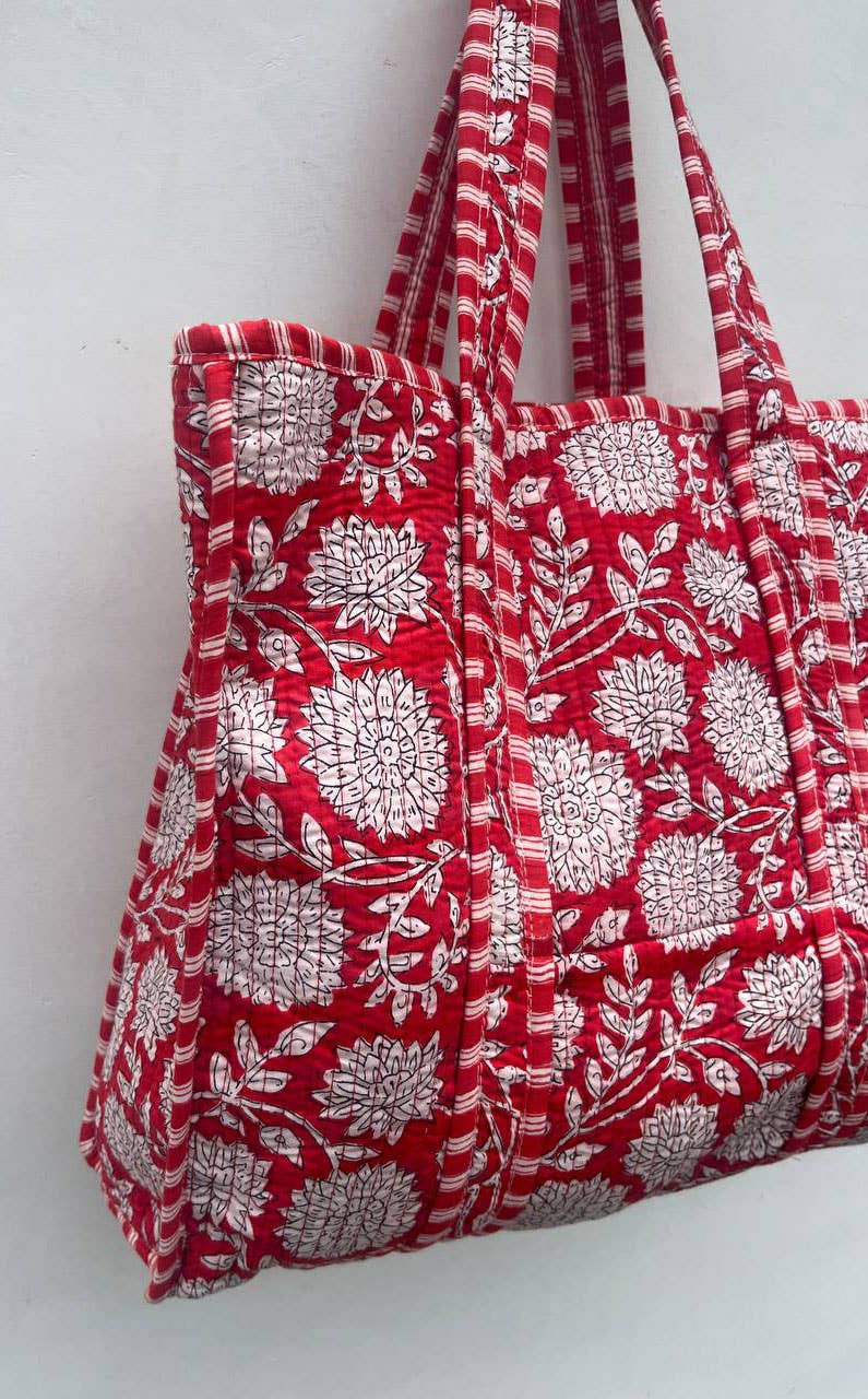 Red Floral Cotton Quilted Women Shopping Bag Market Bag Tote