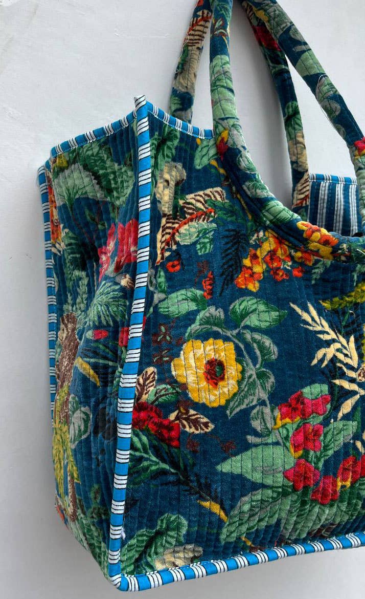 Monkey Floral Printed Bag Quilted Velvet Cotton Shopping Bag