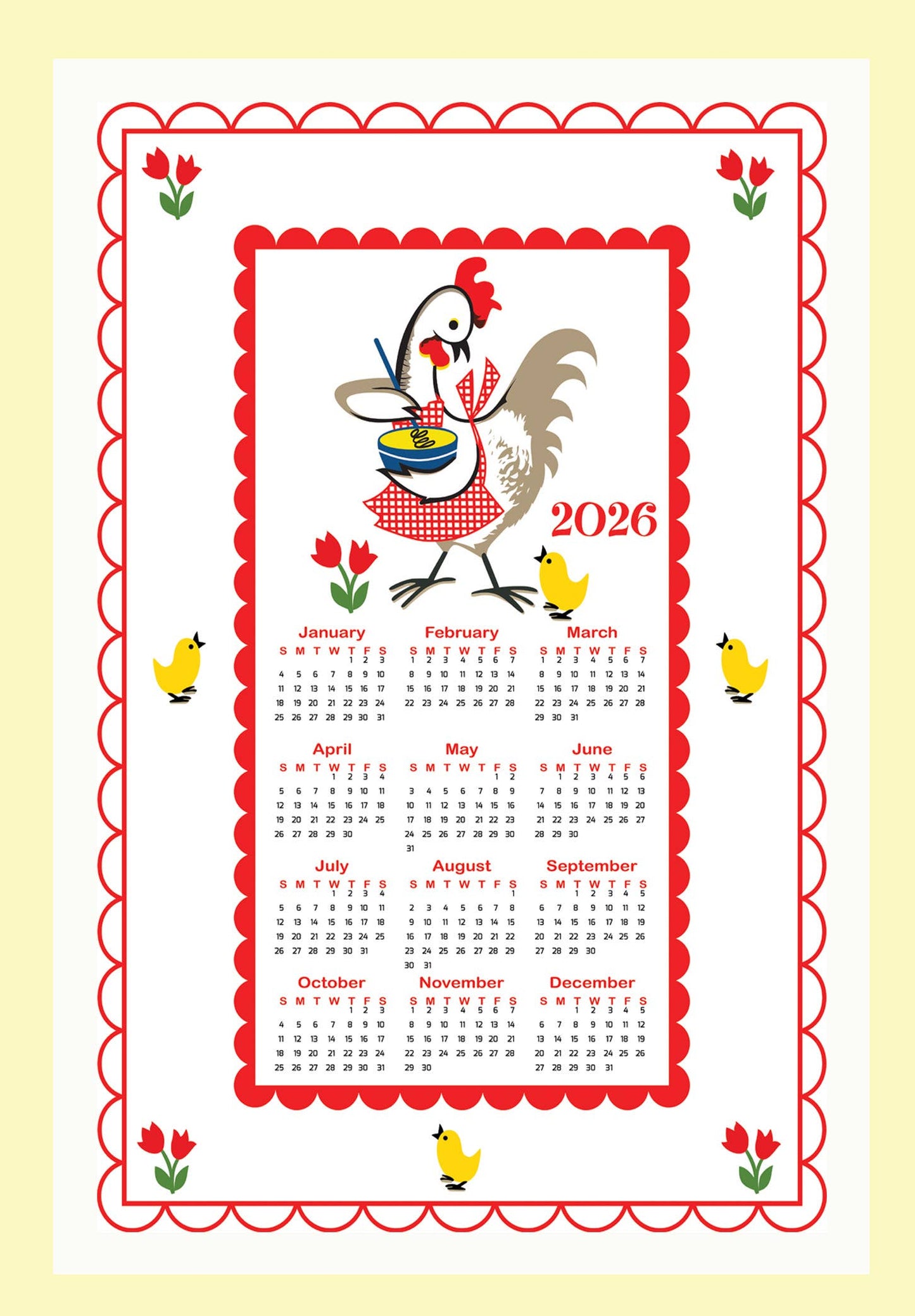 2026 Kitchen Chicken Calendar Tea Towel