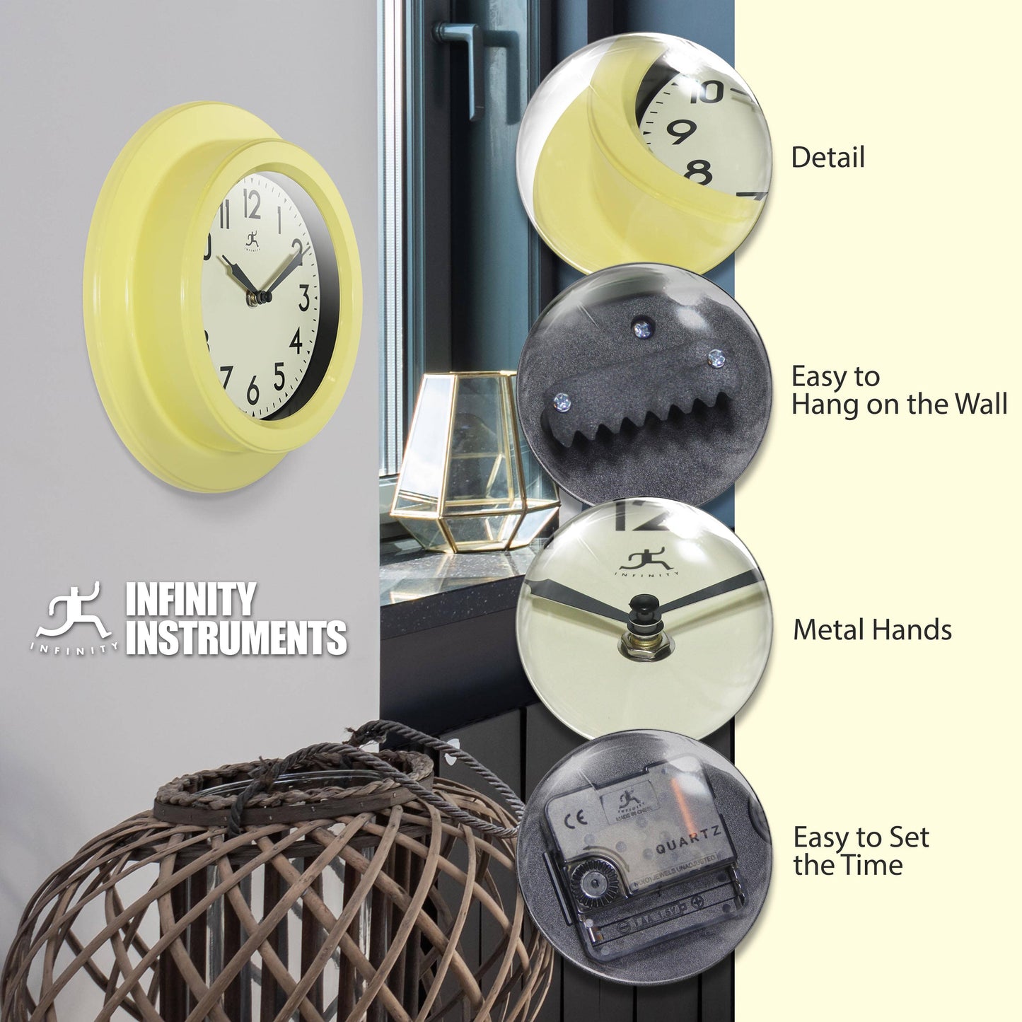 Midcentury/Modern Round Yellow Indoor Wall Clock 9.75 Inch