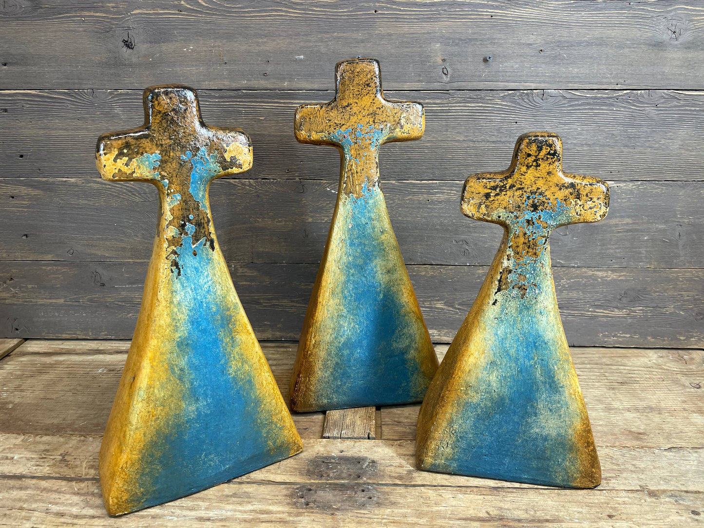 Old World Cross-Set of 3-Pedestal Clay Cross-Handmade (3)