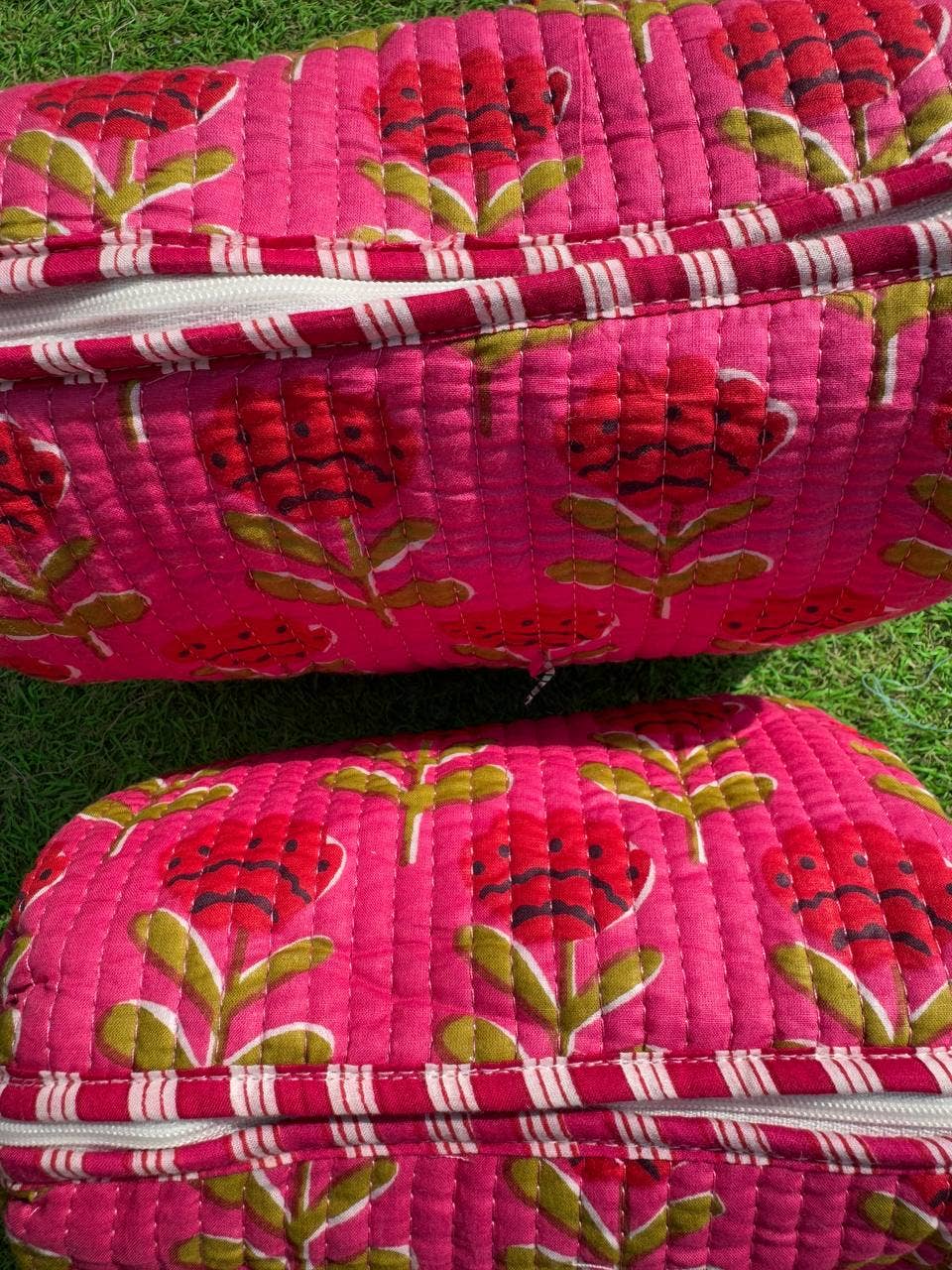 Assorted Cosmetic Bag Block Printed Indian Cotton Travel Bag Set 3 Pink