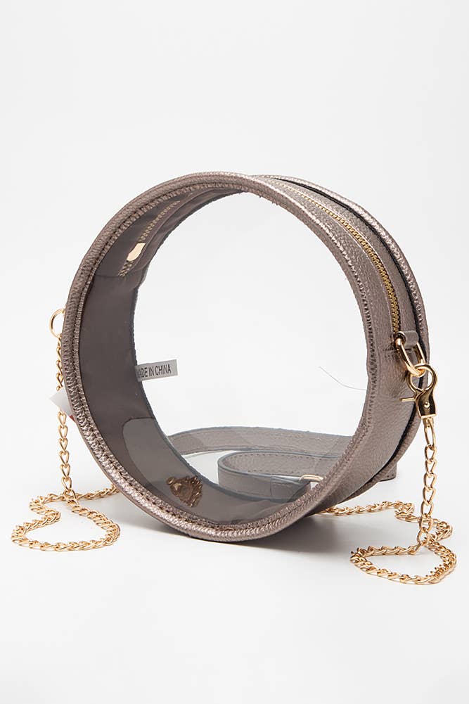 Solid Color Trim Clear Round Crossbody Bag: Bronze