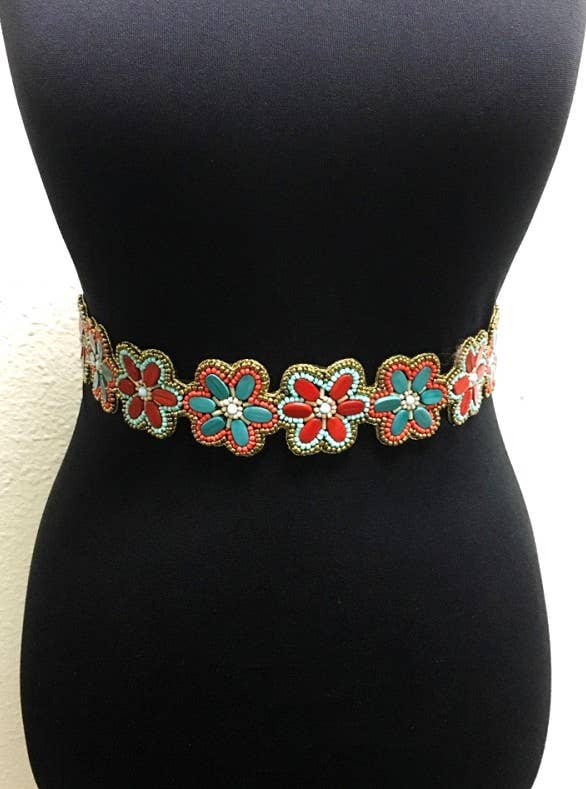 Floral Beaded Elastic Waist Belt