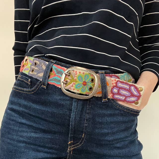 Folklorica Floral Embroidered Wool Belt, Cream: L