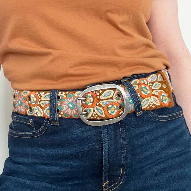 Ground Cover Floral Embroidered Wool Belt: L