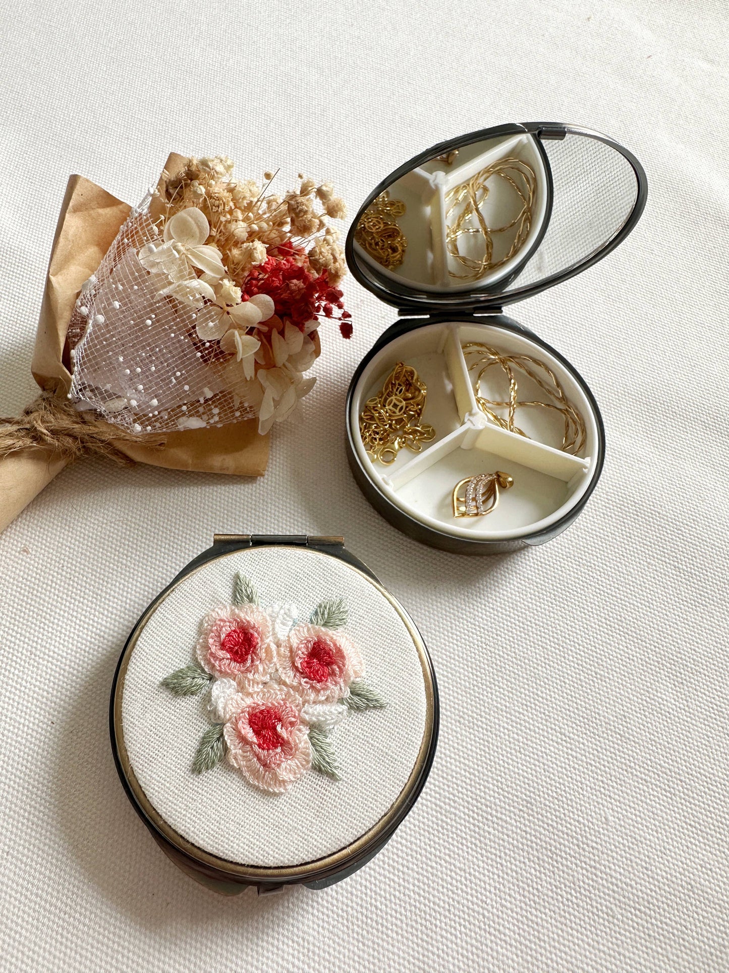 Floral Embroidered Round Jewelry Box With Mirror
Success: 4. Bird
