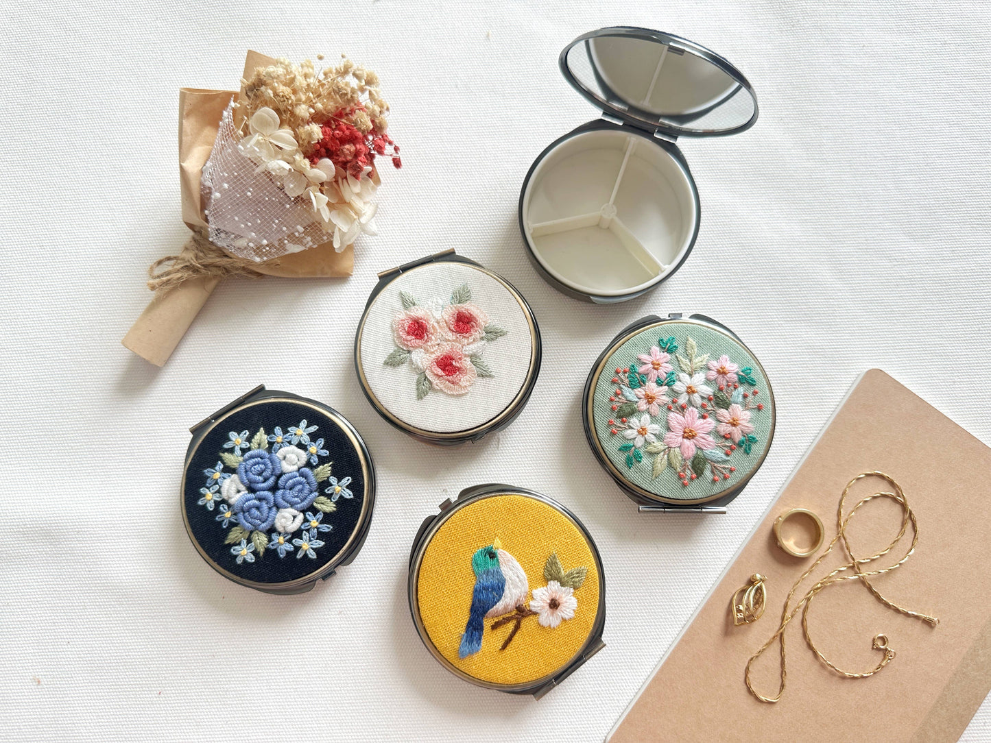 Floral Embroidered Round Jewelry Box With Mirror
Success: 2. Blue Roses