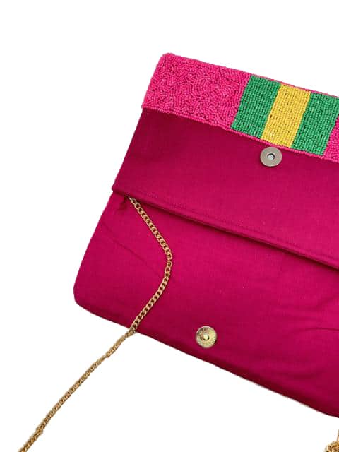 FUCHSIA BEADED BEE CLUTCH W/ GREEN & YELLOW STRIPE