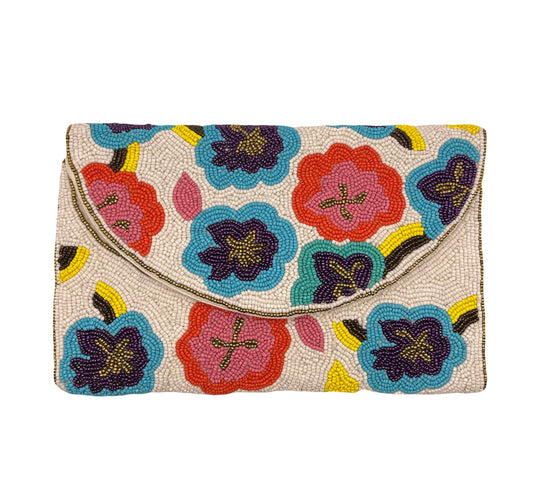 White Multi Colored Floral Beaded Clutch