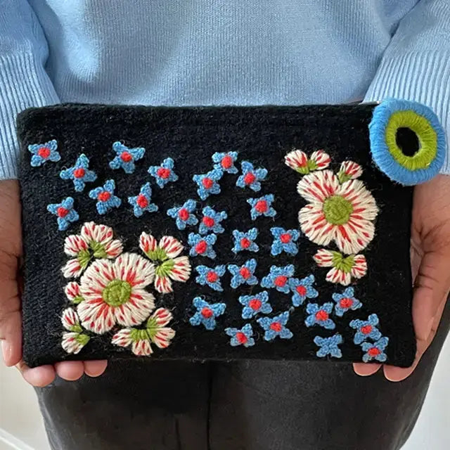 Forest Wander Embroidered Wool Pouch - Black