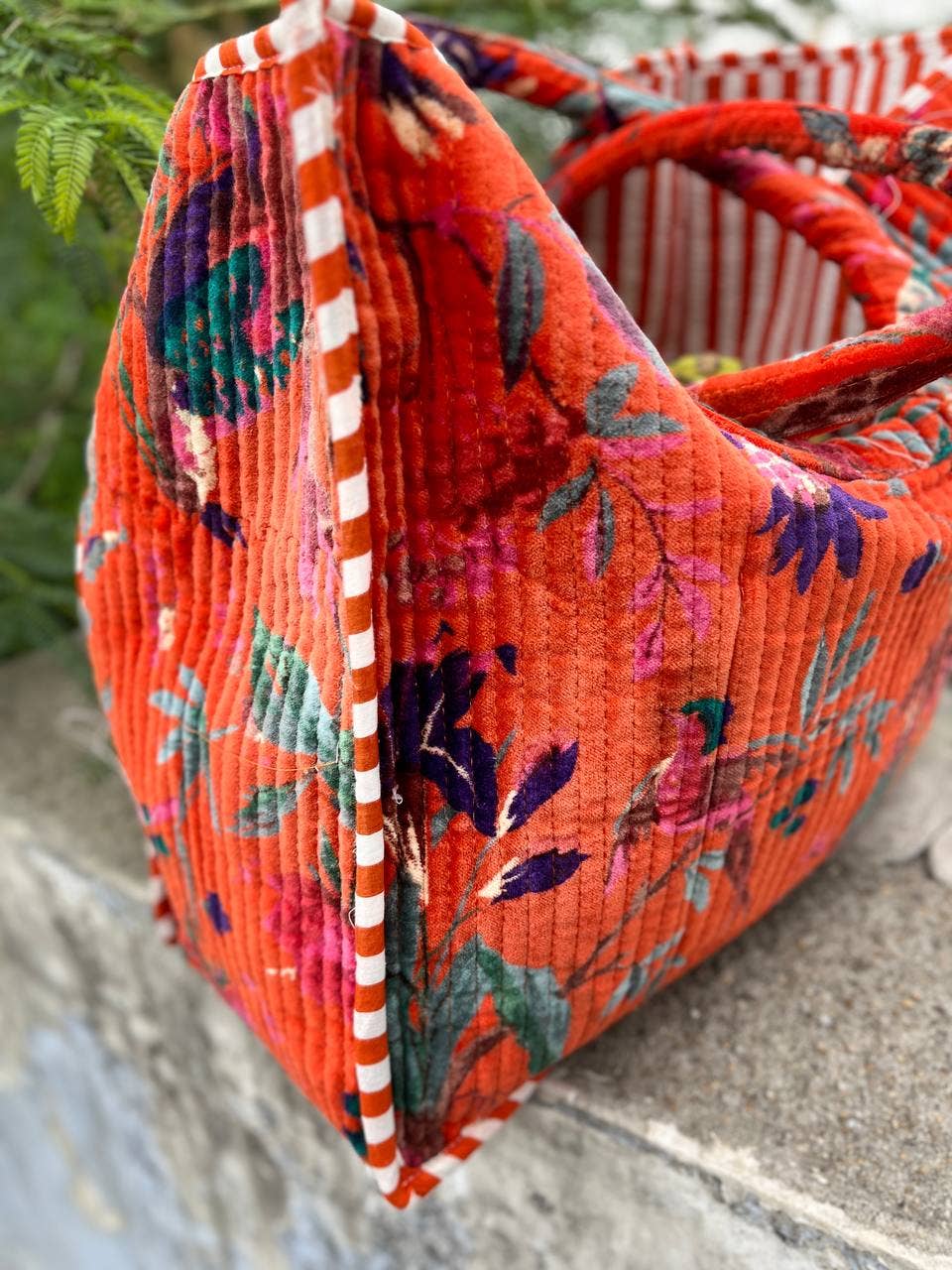 Orange Bird Printed Quilted Velvet Cotton Bag Party Wear Bag