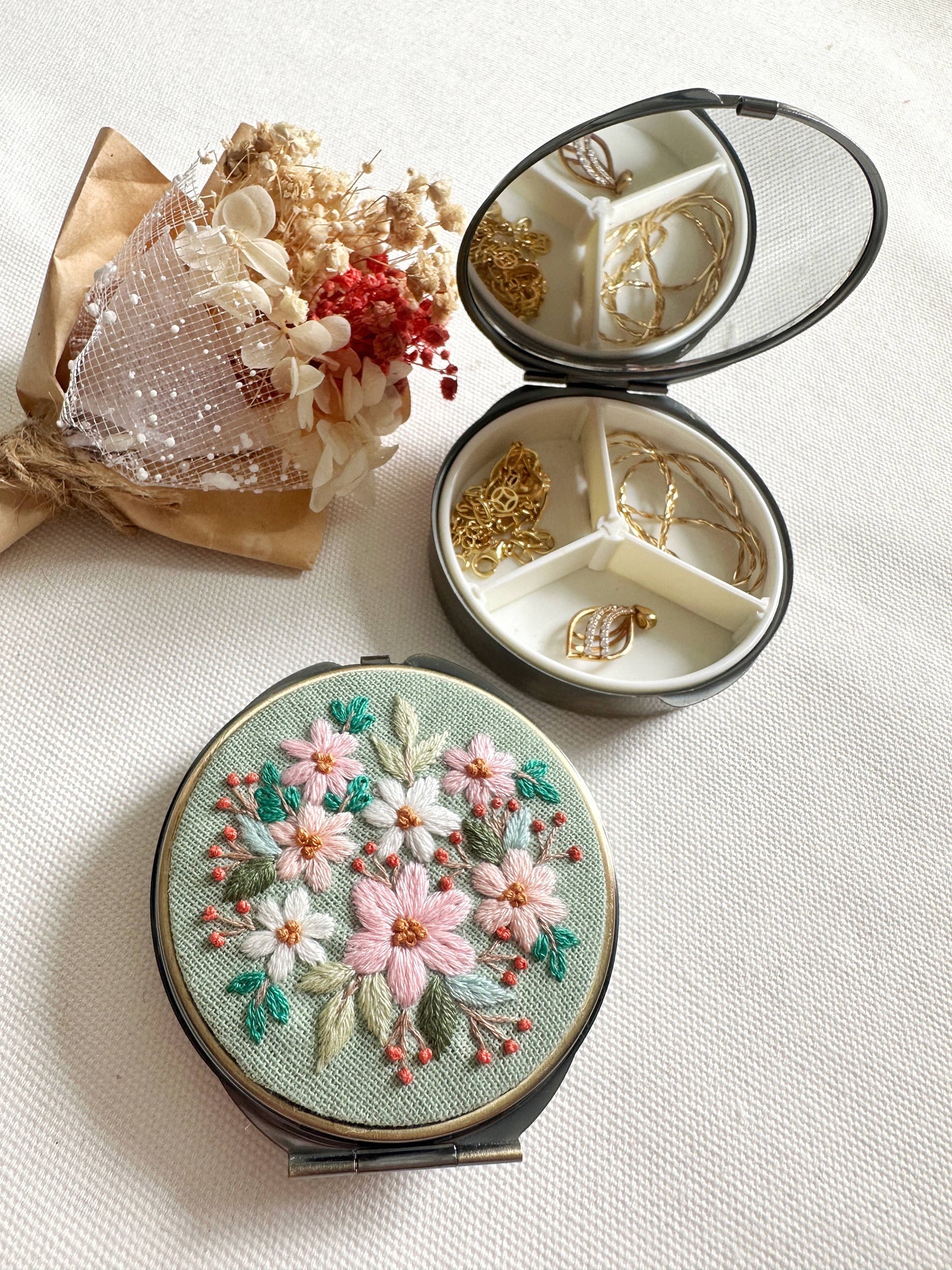 Floral Embroidered Round Jewelry Box With Mirror
Success: 4. Bird