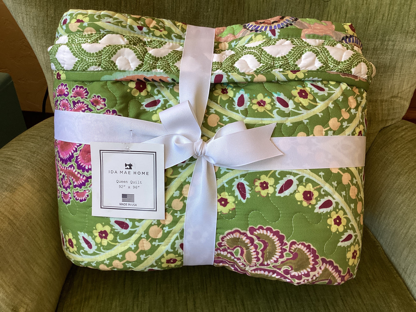 Satine Olive Green Queen Quilt