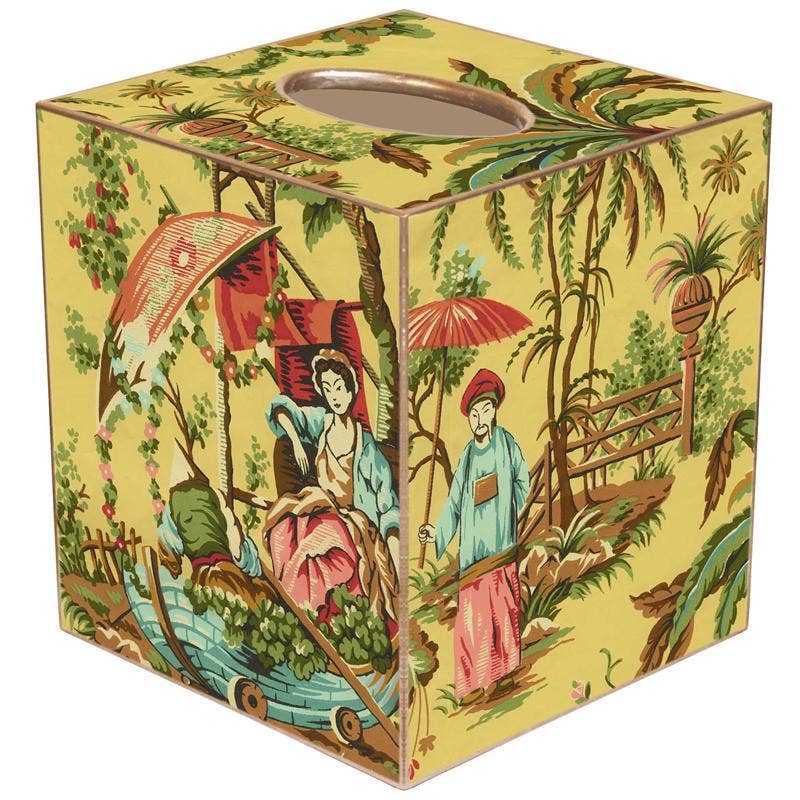 Yellow Chinois Tissue Box Cover: Paper Mache