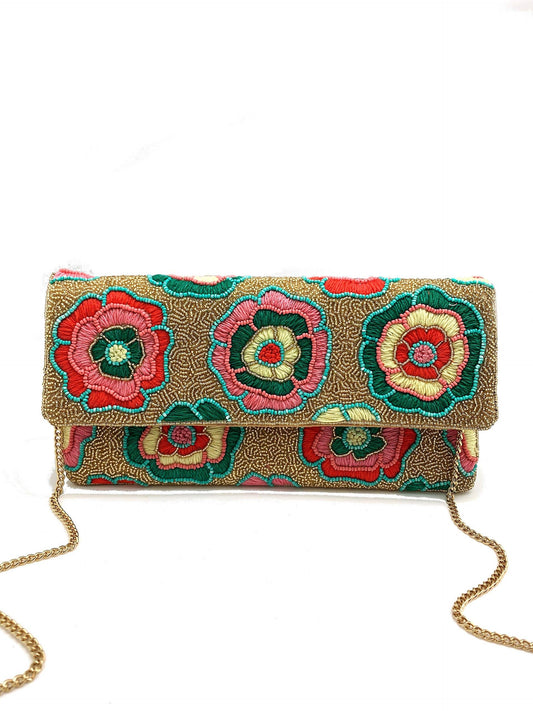 FLORAL EMBROIDERY W/ GOLD BEADED CLUTCH