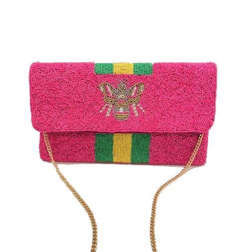 FUCHSIA BEADED BEE CLUTCH W/ GREEN & YELLOW STRIPE