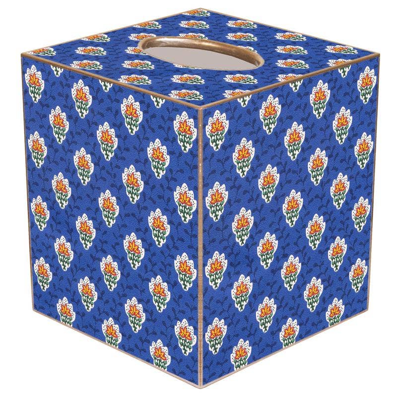 Bright Blue Provincial Print Tissue Box Cover: Paper Mache