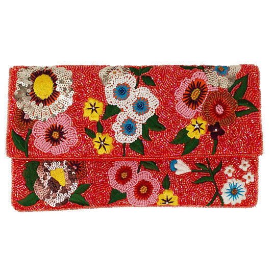 ORANGE FLORAL BEADED CLUTCH