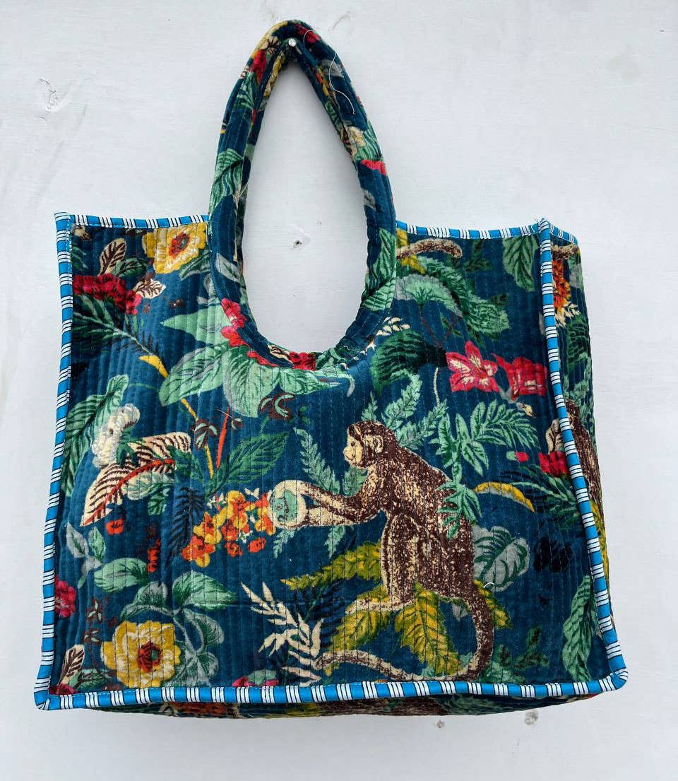Monkey Floral Printed Bag Quilted Velvet Cotton Shopping Bag