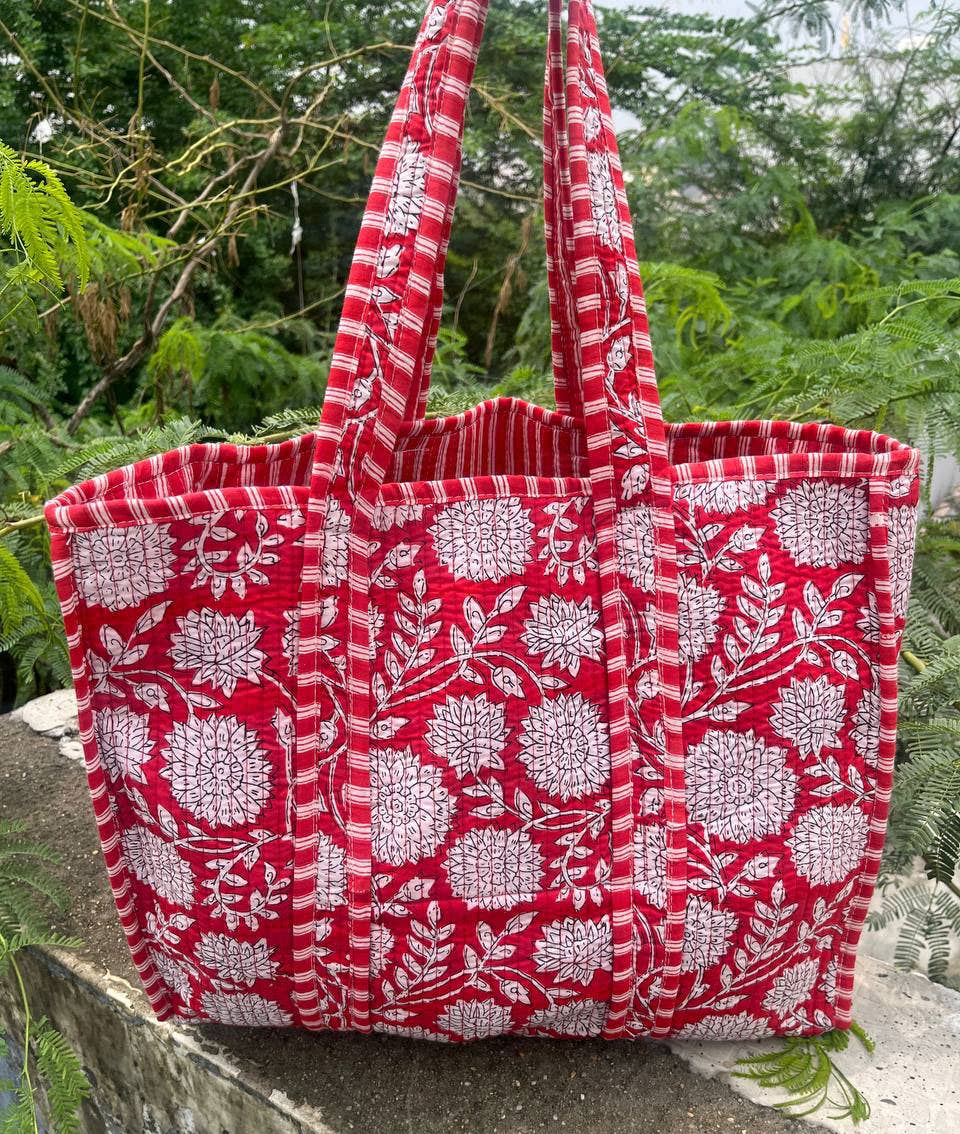 Red Floral Cotton Quilted Women Shopping Bag Market Bag Tote