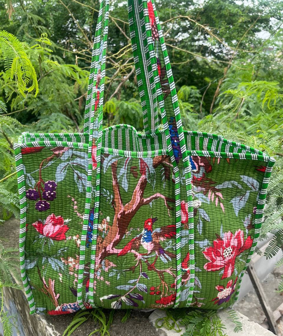 Bird Printed Cotton Quilted Shopping Bag Grocery Women Bags