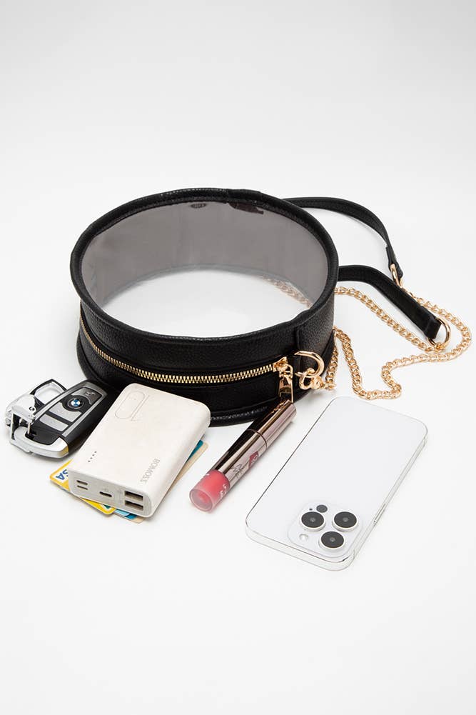 Solid Color Trim Clear Round Crossbody Bag: Black/White