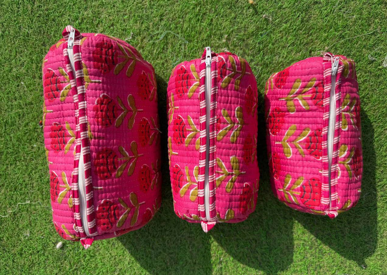 Assorted Cosmetic Bag Block Printed Indian Cotton Travel Bag Set 3 Pink
