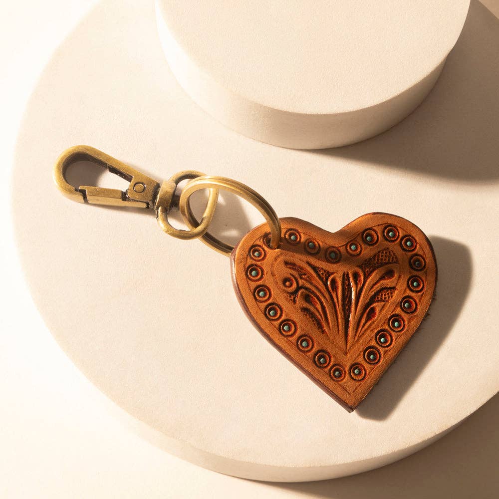 Studded Heart Western Key Fob in brown with handtooled detail: Brown