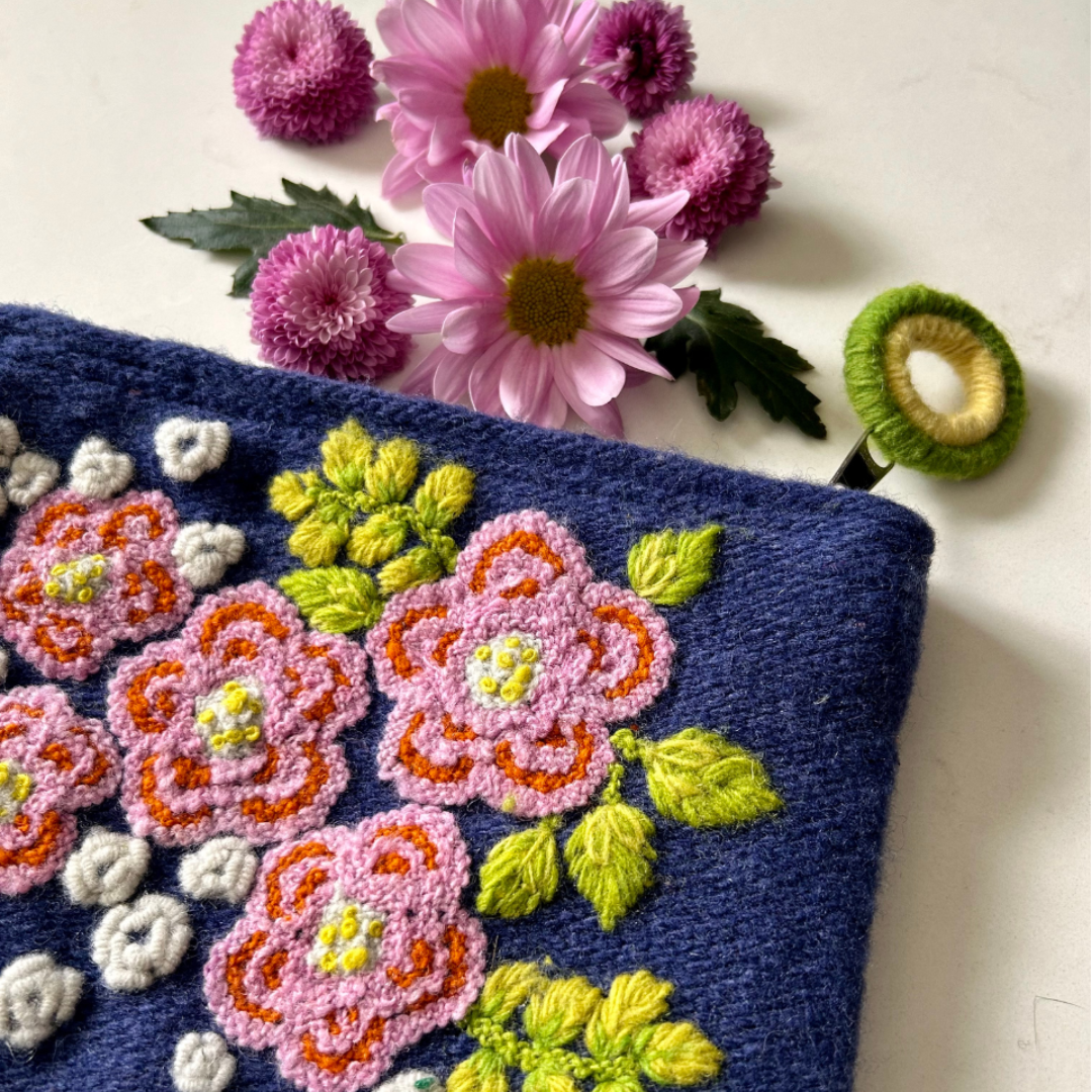 Five Dahlias Embroidered Wool Pouch - Navy