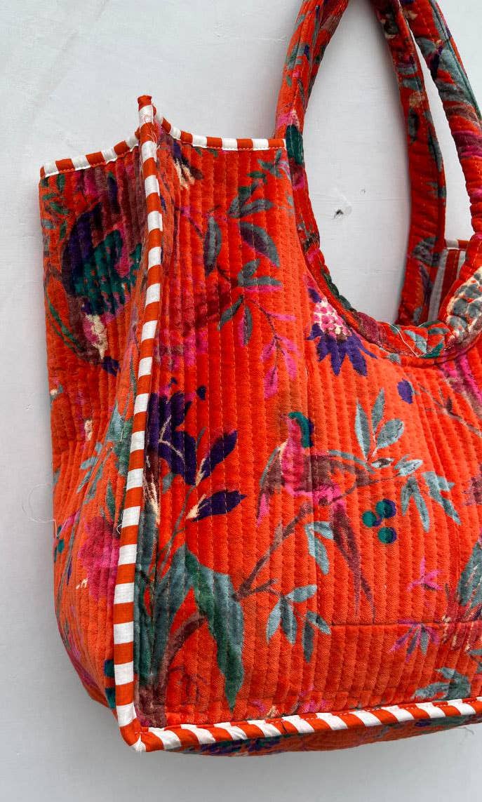 Orange Bird Printed Quilted Velvet Cotton Bag Party Wear Bag