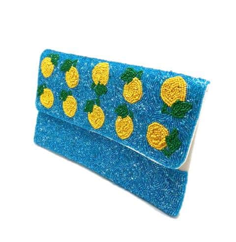 Blue Beaded Clutch With Lemons