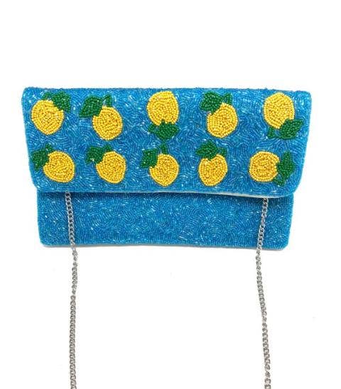 Blue Beaded Clutch With Lemons