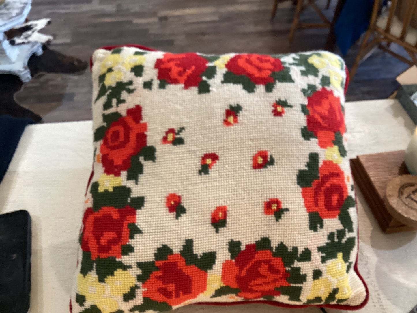 Red Rose Needlepoint Pillow Vintage