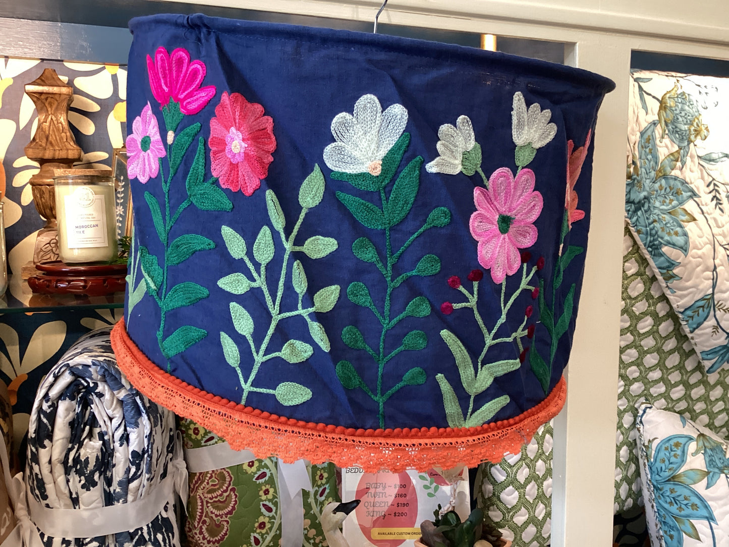 Navy Embroidered Lampshade