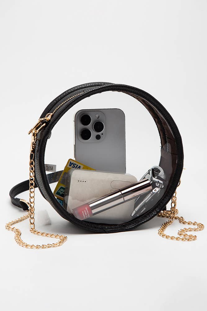 Solid Color Trim Clear Round Crossbody Bag: Bronze