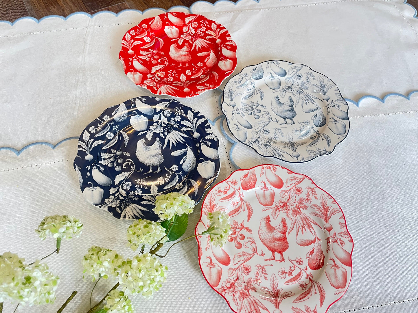 BLUE & RED GERTRUDE DESSERT PLATES SET OF 4 WITH GIFTBOX